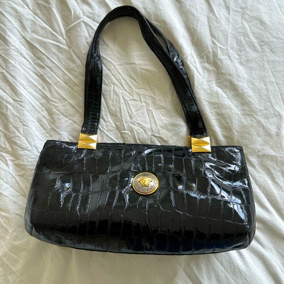 Versace Handbags - Versace vintage Medusa black patent leather croc handbag with gold hardware